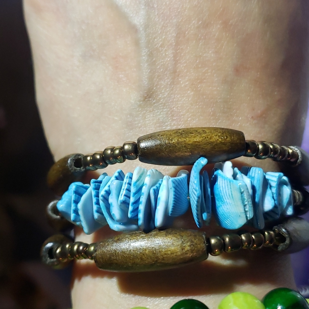 Vintage chocolate pearls, wood and shell Boho bracelet